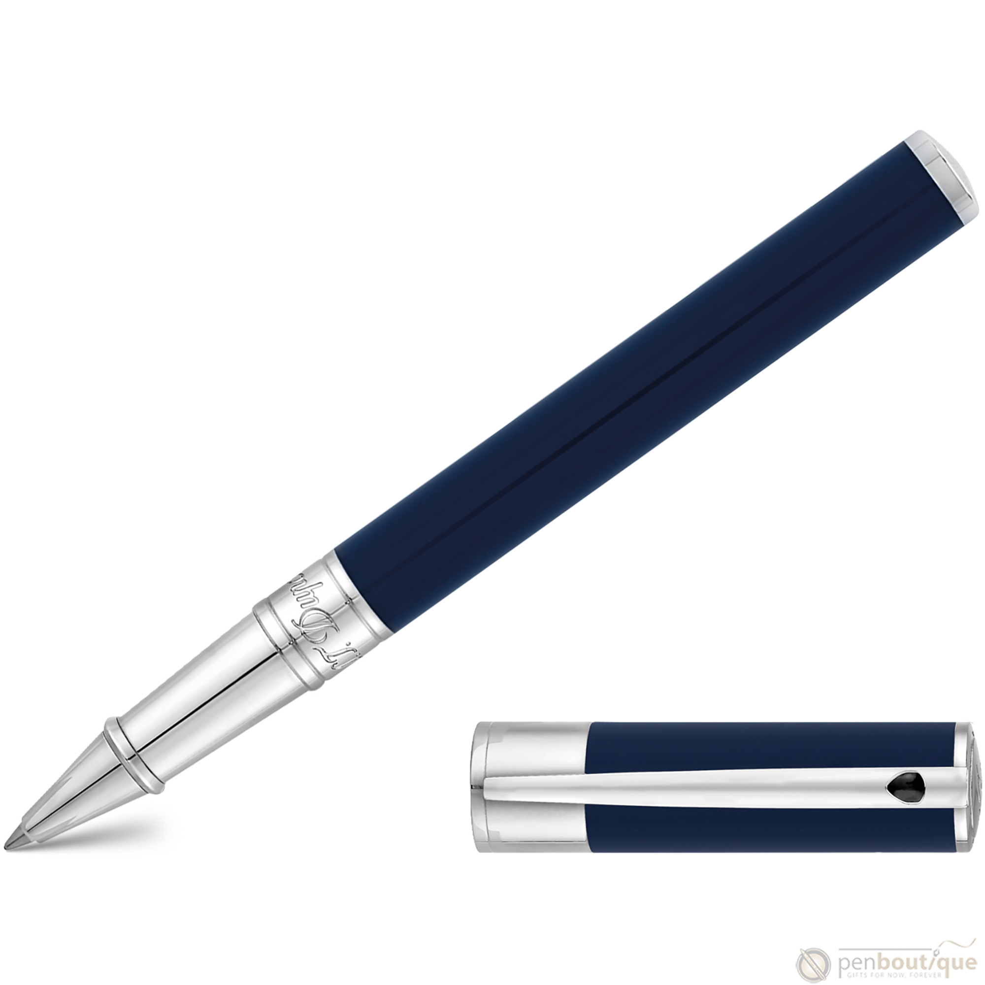 S T Dupont D-Initial Rollerball Pen - Chrome Trim - Blue-Pen Boutique Ltd