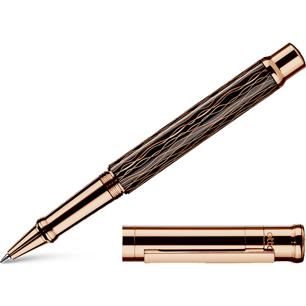 Otto Hutt Design 4 Rollerball Pen - Black Wave - Rose Gold Trim-Pen Boutique Ltd