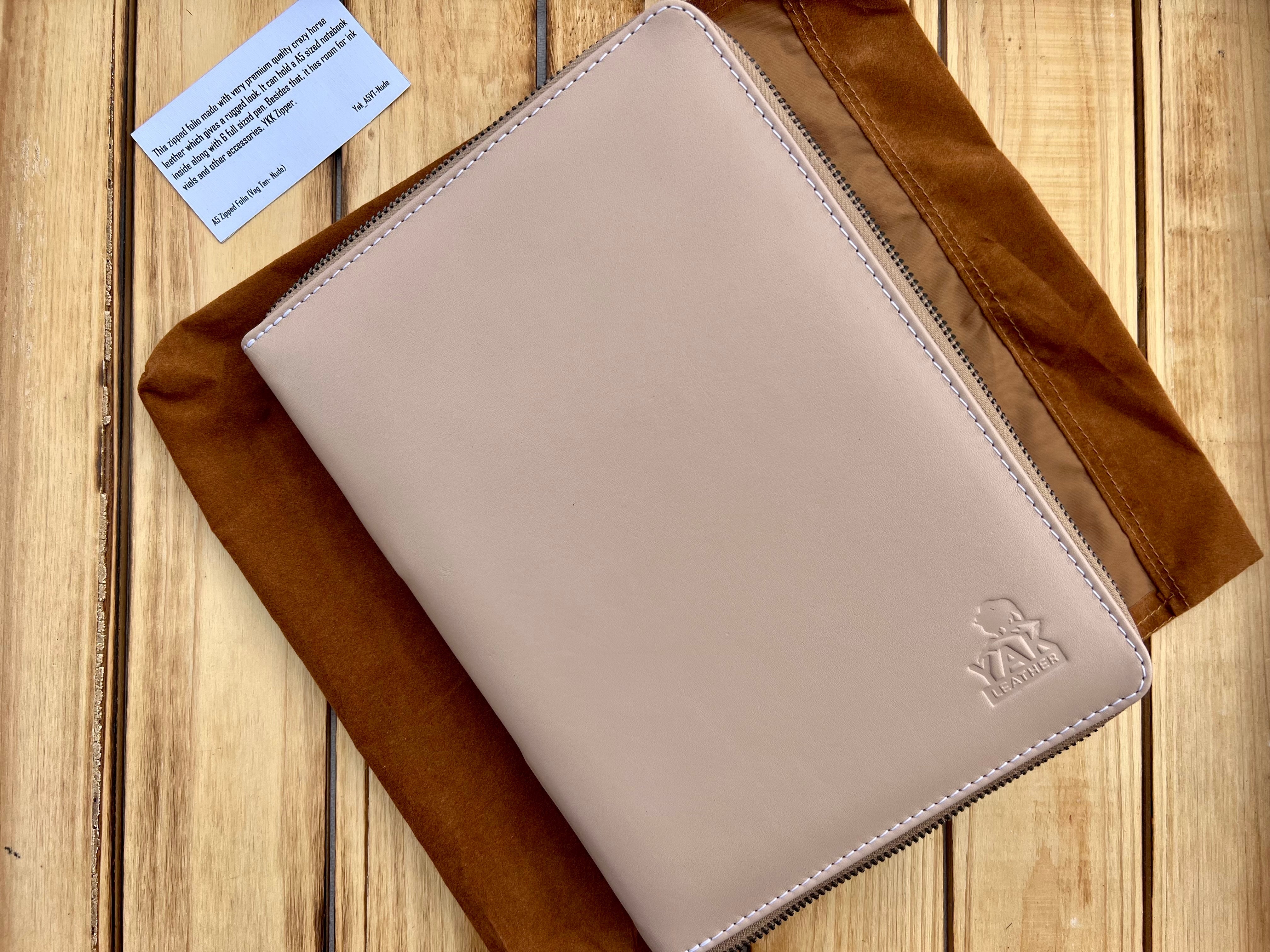 Pen Boutique Yak Leather A5 Zipped Folio -Veg Tanned-Nude