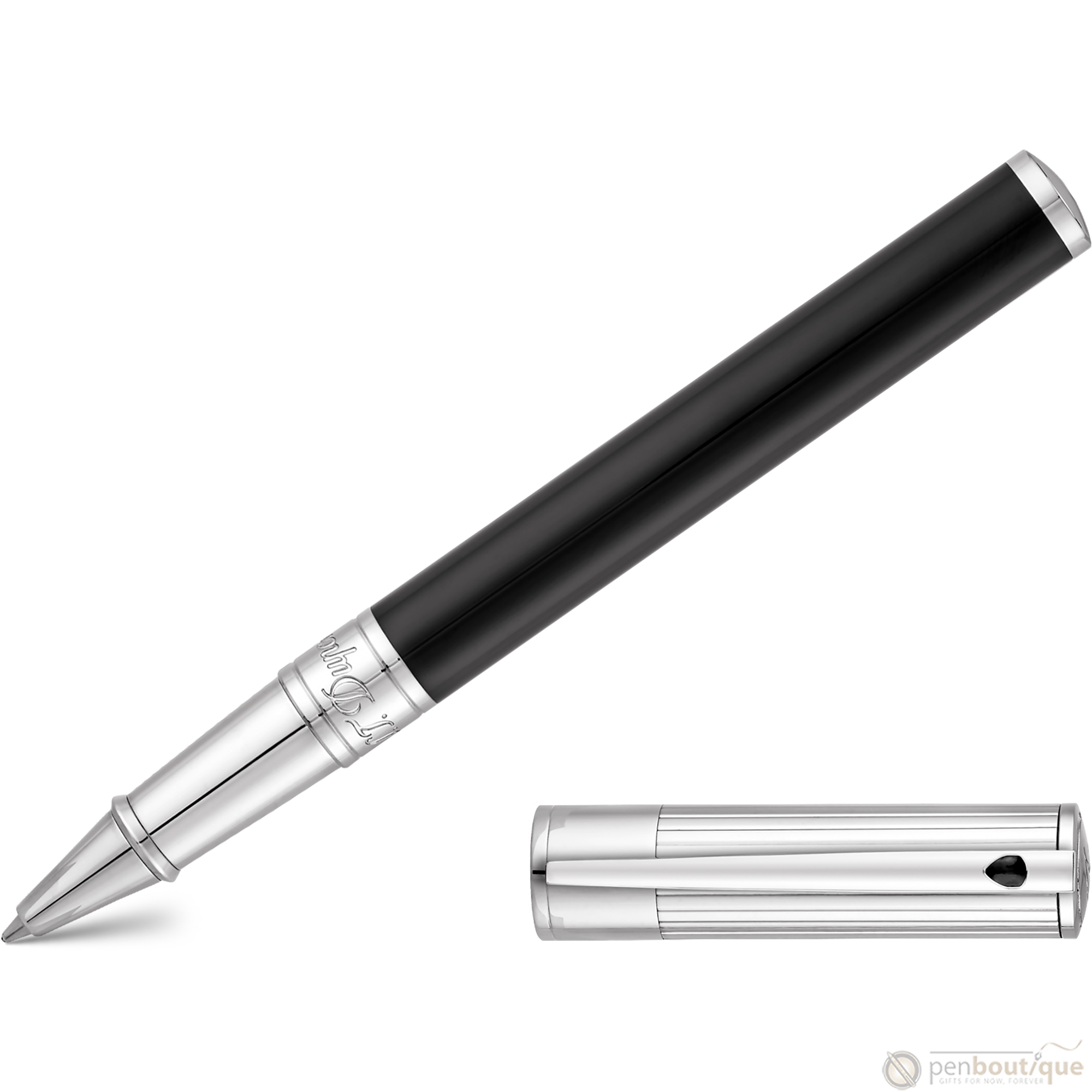 S T Dupont D-Initial Rollerball Pen - Chrome Trim - Noir-Pen Boutique Ltd