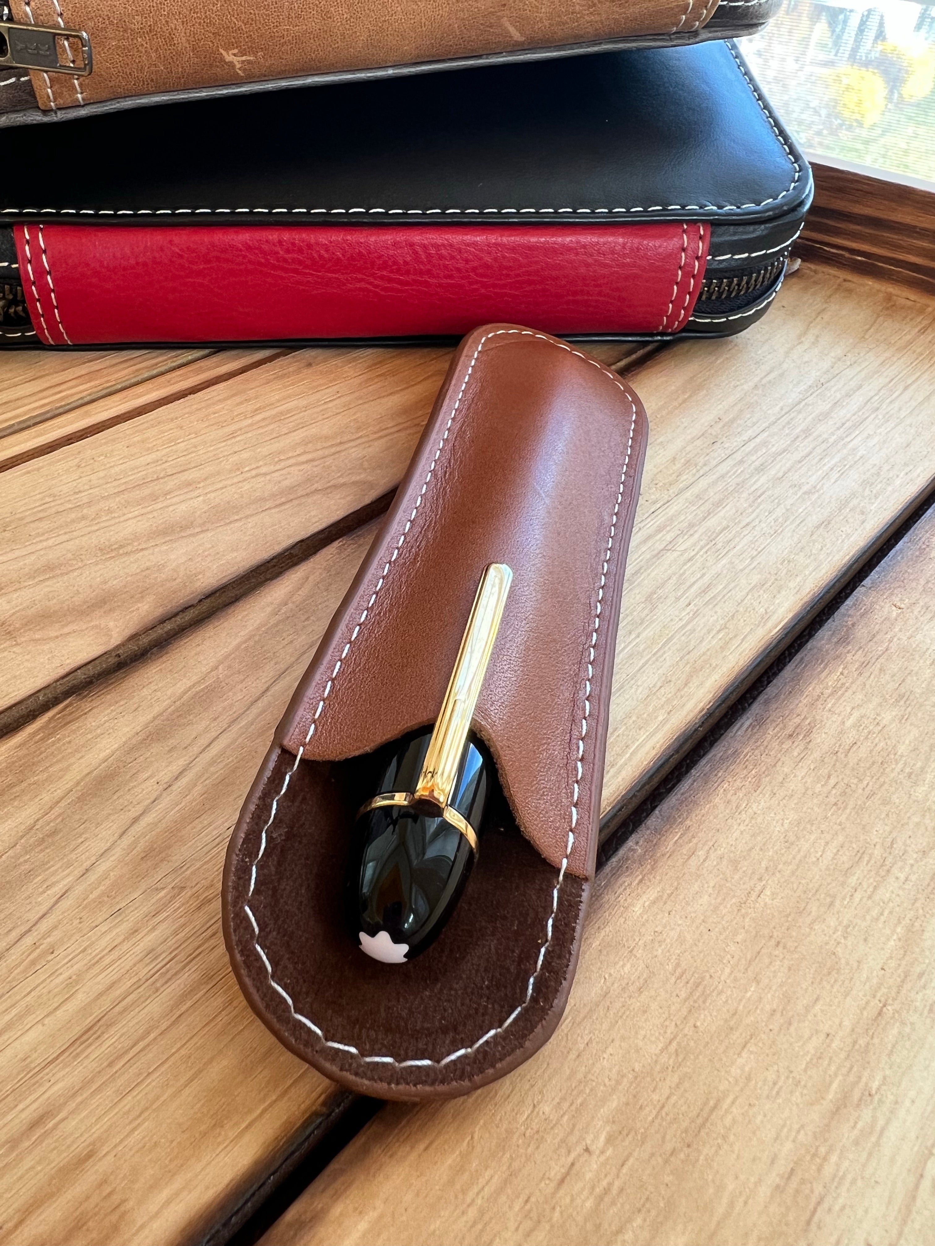 Pen Boutique Yak Leather Single Pen Sleeve - Brown/Dark Red-Pen Boutique Ltd