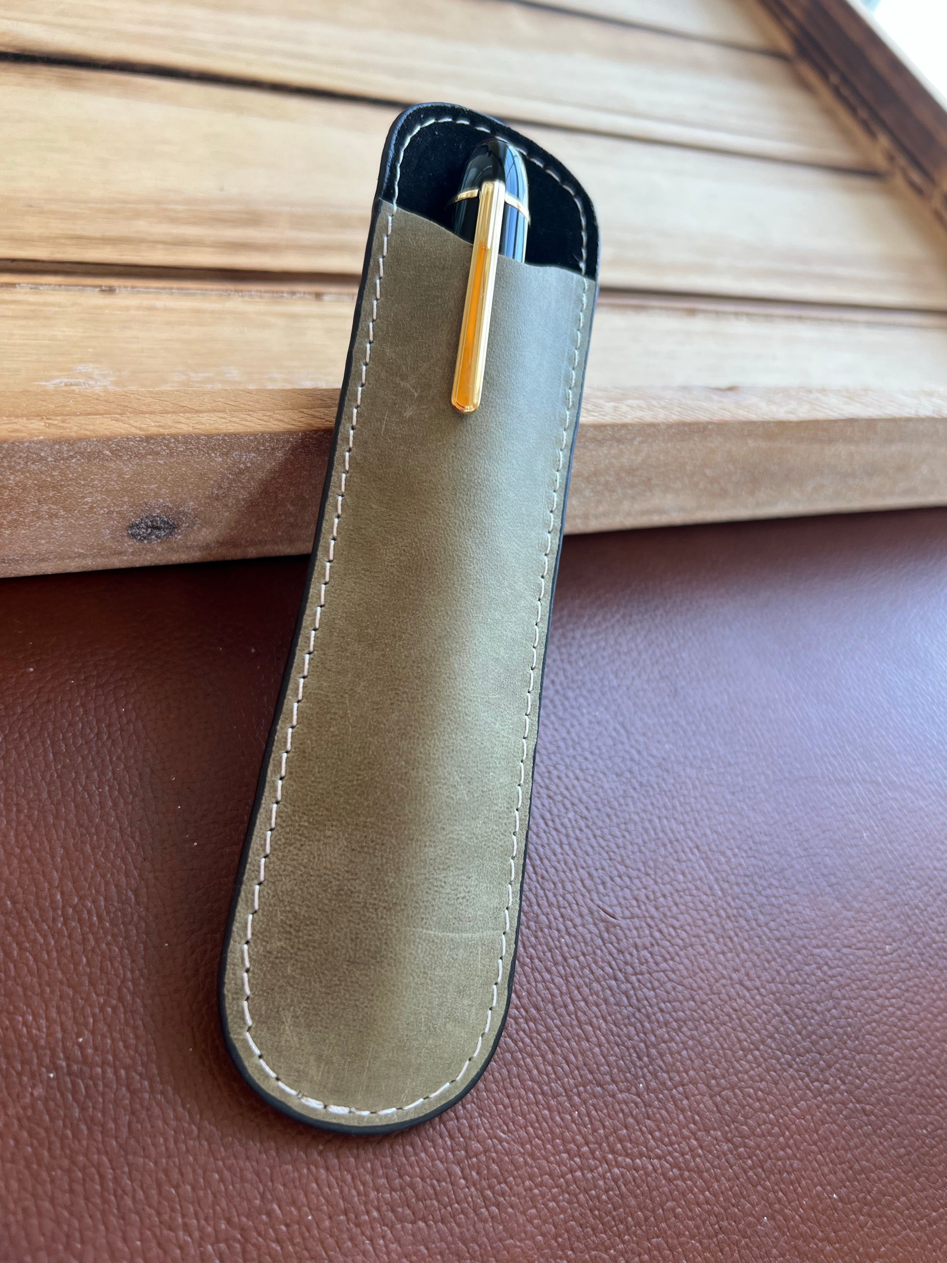 Pen Boutique Yak Leather Single Pen Sleeve - Olive/Black-Pen Boutique Ltd