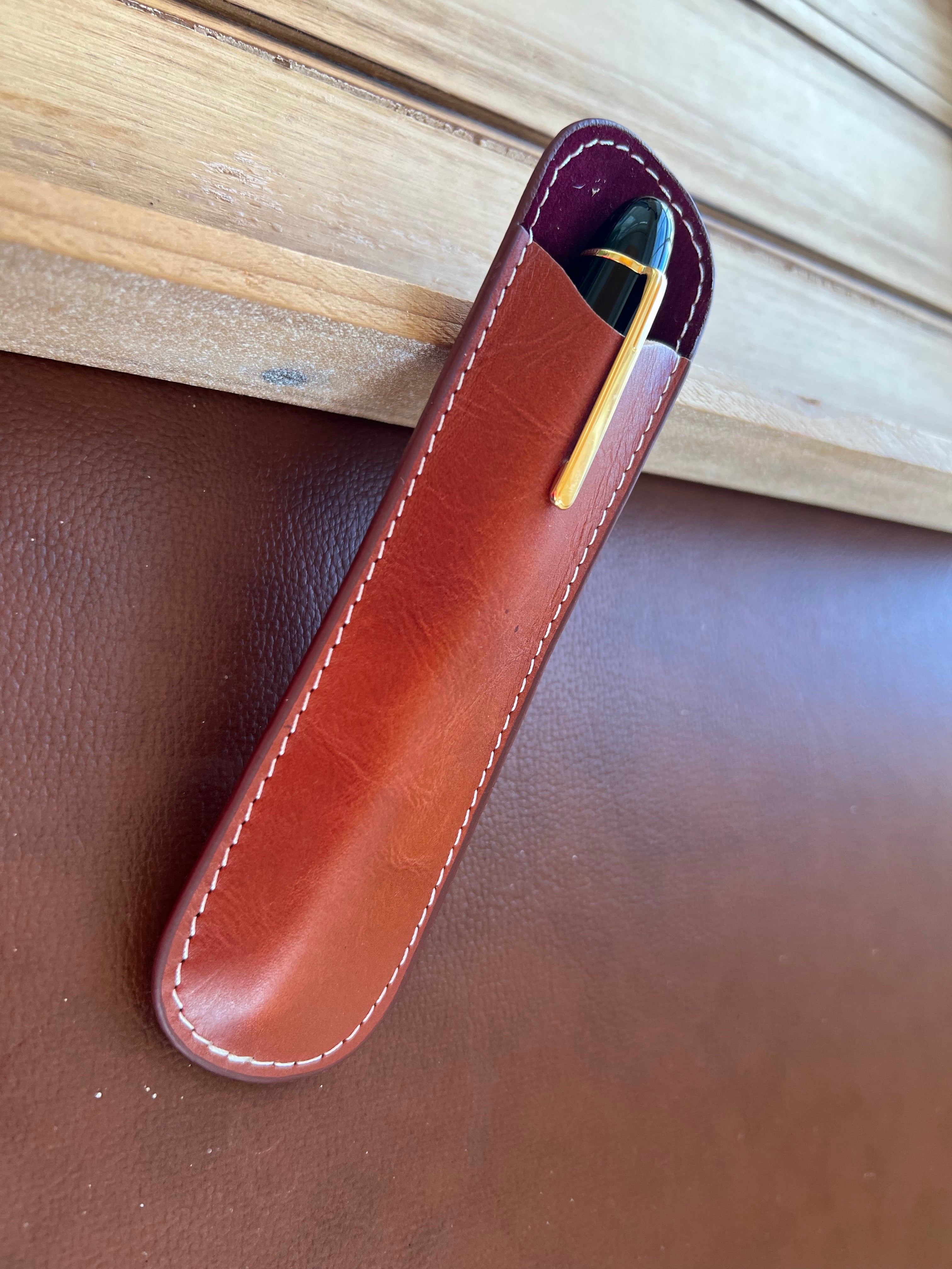 Pen Boutique Yak Leather Single Pen Sleeve - Brown/Dark Red-Pen Boutique Ltd